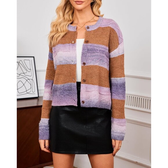 Women's Color Block Knit Cardigan Small Fall Sweater Casual Layering - Picture 6 of 8